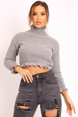 Grey Ruffle Hem Chunky Knit Crop Jumper - Alannah