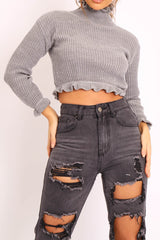 Grey Ruffle Hem Chunky Knit Crop Jumper - Alannah
