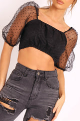 Black Polka Mesh Puff Sleeve Zip Back Crop Top - Aamina