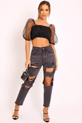 Black Polka Mesh Puff Sleeve Zip Back Crop Top - Aamina