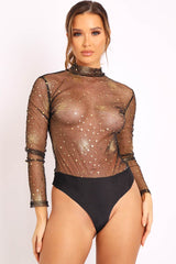 Black Gold Glitter Mesh Long Sleeve Bodysuit - Kharlie