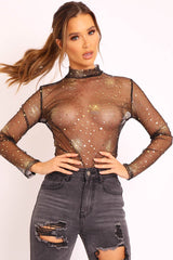 Black Gold Glitter Mesh Long Sleeve Bodysuit - Kharlie