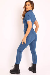 Mid Blue Denim Short Sleeve Button Up Belted Waist Boilersuit - Stevie
