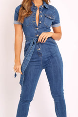 Mid Blue Denim Short Sleeve Button Up Belted Waist Boilersuit - Stevie