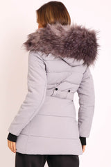 Grey Adjustable Waist Longline Puffer Coat - Zofia