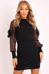 Black Puff Sleeves with Ruched Detailing Ribbed Dress - Rylah
