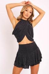 Black Lurex Glitter Halter Top and Shorts Co-ord - Ismi