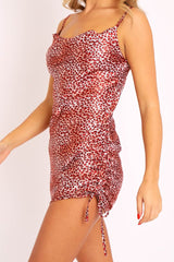Red Leopard Satin Ruched Side Slip Bodycon Dress - Davie