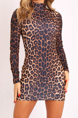 Leopard Print High Neck Mini Bodycon Dress - Alania