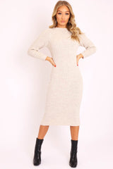 Beige Open Twist Back Maxi Bodycon Jumper Dress - Karrah