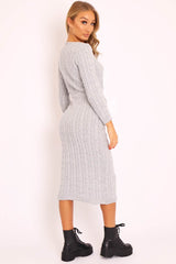 Grey Cable knit Drawstring Waist Maxi Jumper Dress - Julee