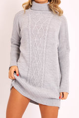 Grey Oversized Knitted Turtle Neck Jumper Dress - Freyah