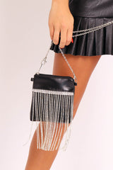 Black Faux Leather Diamante Tassel Bag - Laiya