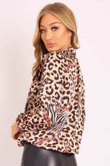 Leopard Gold Chain Print Satin Long Sleeve Bow Shirt - Abrah