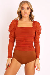Rust Ruched Body Mesh Sleeve Bodysuit - Amylee