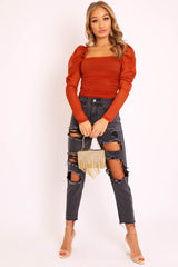 Rust Ruched Body Mesh Sleeve Bodysuit - Amylee