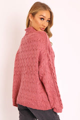 Mauve Cable Knit High Neck Oversized Jumper - Kiyla