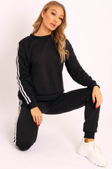 Black Side Stripe Sweater and Joggers Tracksuit - Jilliana