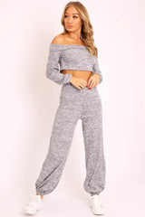 Grey Knitted Bardot Top and Oversized Joggers Loungewear Co-ord - Lorel