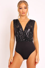 Black Sequin Embellished Extreme Plunge Bodysuit - Yamila