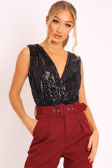 Black Sequin Embellished Extreme Plunge Bodysuit - Yamila