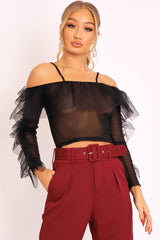 Black Mesh Ruffle Sleeve Bardot Crop Top - Amber