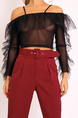 Black Mesh Ruffle Sleeve Bardot Crop Top - Amber