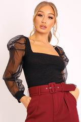 Black Glitter Square Neck Puff Sleeves Top - Triss