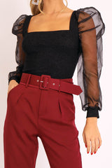 Black Glitter Square Neck Puff Sleeves Top - Triss
