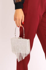 Silver Diamante Tassel Box Clutch - Geri