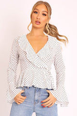 White Polka Ruffle Wrap Blouse - Calynn