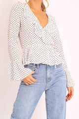 White Polka Ruffle Wrap Blouse - Calynn