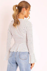 White Polka Ruffle Wrap Blouse - Calynn