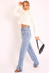 Cream Wide Rib Roll Neck Jumper - Joyanna