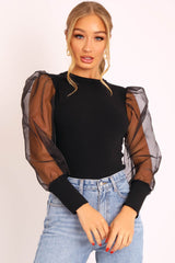Black Ribbed Sheer Puff Sleeve Top - Orly