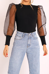 Black Ribbed Sheer Puff Sleeve Top - Orly