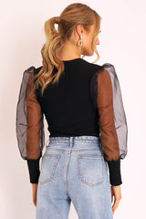 Black Ribbed Sheer Puff Sleeve Top - Orly
