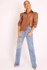 Camel PU leather 3/4 Puff Sleeve Shirt - Pyper