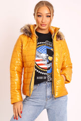 Mustard Wet Look Puffer Coat - Soph