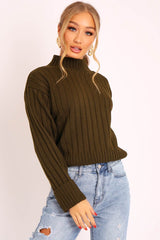 Khaki Knit High Neck Jumper - Jaelynn