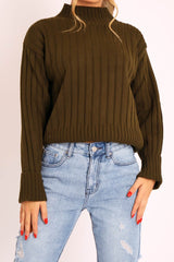 Khaki Knit High Neck Jumper - Jaelynn
