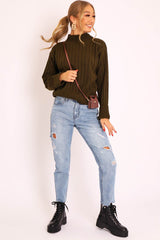 Khaki Knit High Neck Jumper - Jaelynn