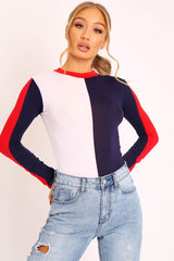 Navy and White Contrast Long Sleeved Bodysuit - Lareen