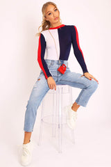 Navy and White Contrast Long Sleeved Bodysuit - Lareen