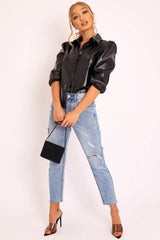 Black PU leather 3/4 Puff Sleeve Shirt - Pyper