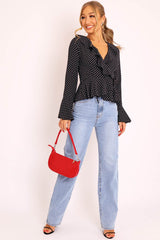 Black Polka Ruffle Wrap Blouse - Calynn