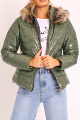 Khaki Wet Look Puffer Coat - Soph