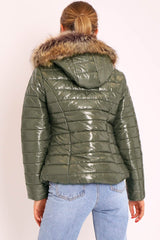 Khaki Wet Look Puffer Coat - Soph