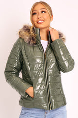 Khaki Wet Look Puffer Coat - Soph