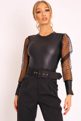 Black Faux Leather Polka Mesh Sleeve Bodysuit - Jannelly